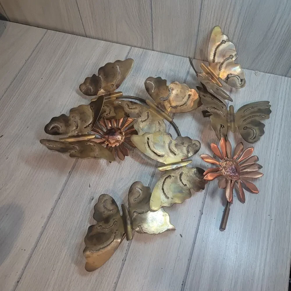 Vtg Brass Copper Butterfly & Daisy 2 Piece Gallery Wall Art Decor MCM Farmhouse